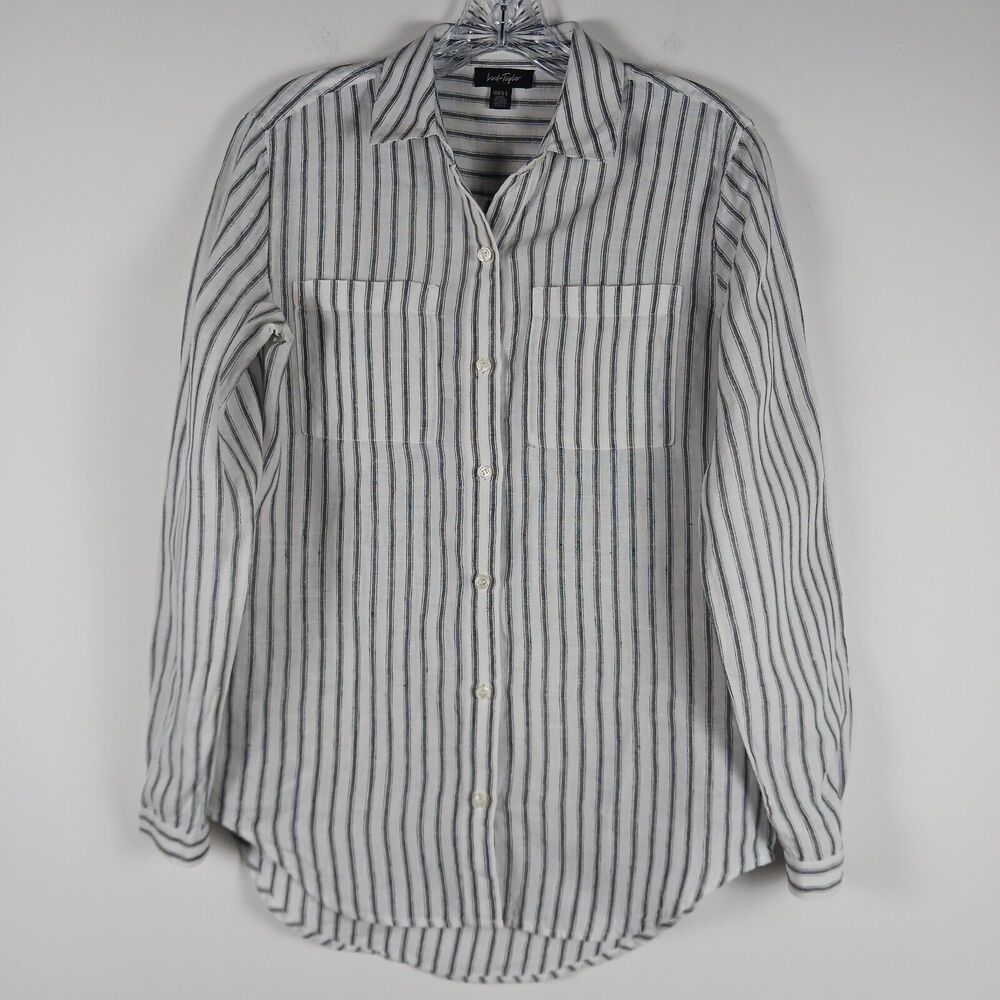 Lord and Taylor 100% Linen Blouse Womens Size XS Gray White Striped